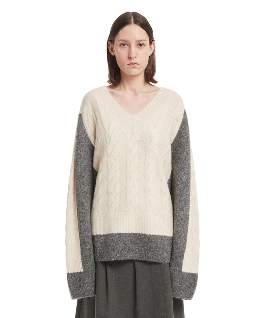 TRUNK PROJECT Gray V Neck Cable Knit Sweater