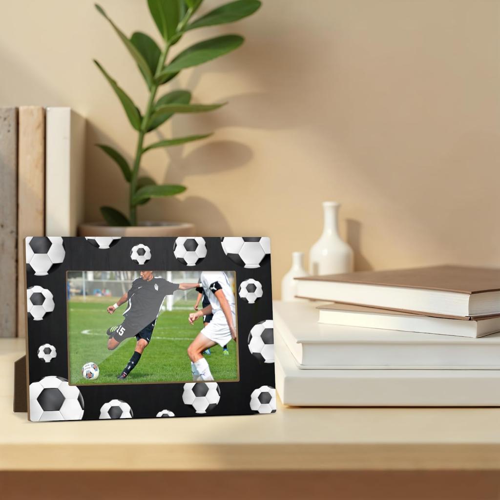 Soccer Balls Wooden Picture Frame, Birthday Gifts for Team Players Coach Brother Friends, Black and White Soccer Picture Frame Fits 4x6 Inch Photo,