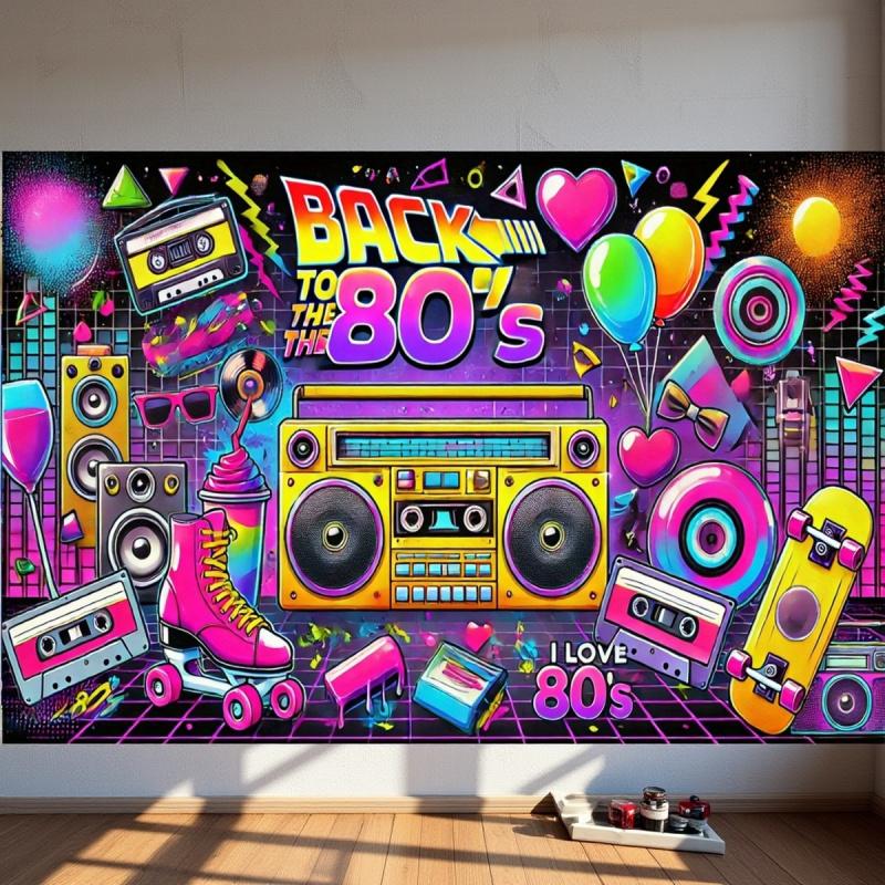 1pc, 2D flat, retro 80s-themed birthday backdrop, durable polyester wall hanging, party decoration, studio prop, wsj