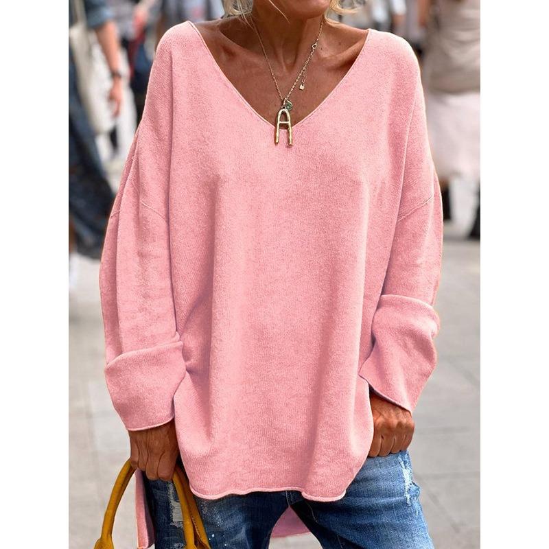 Women's Pullover Solid Color V-Neck Long Sleeve Loose Casual Comfortable Long Sleeve Knit Sweater