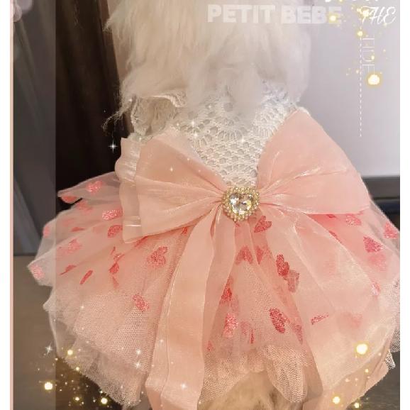 Luxury Pink Sweetheart Dog Princess Dress, Big Bow Lace Evening Gown with Heart Diamond for Small Dogs