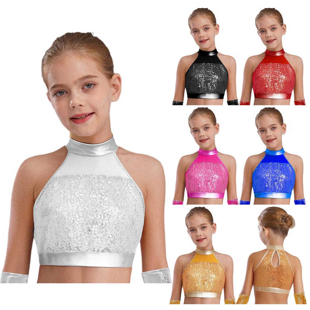Girls Sleeveless Mock Neck Dance Crop Top Glitter Sequin Patchwork Keyhole Back Design Performance Top