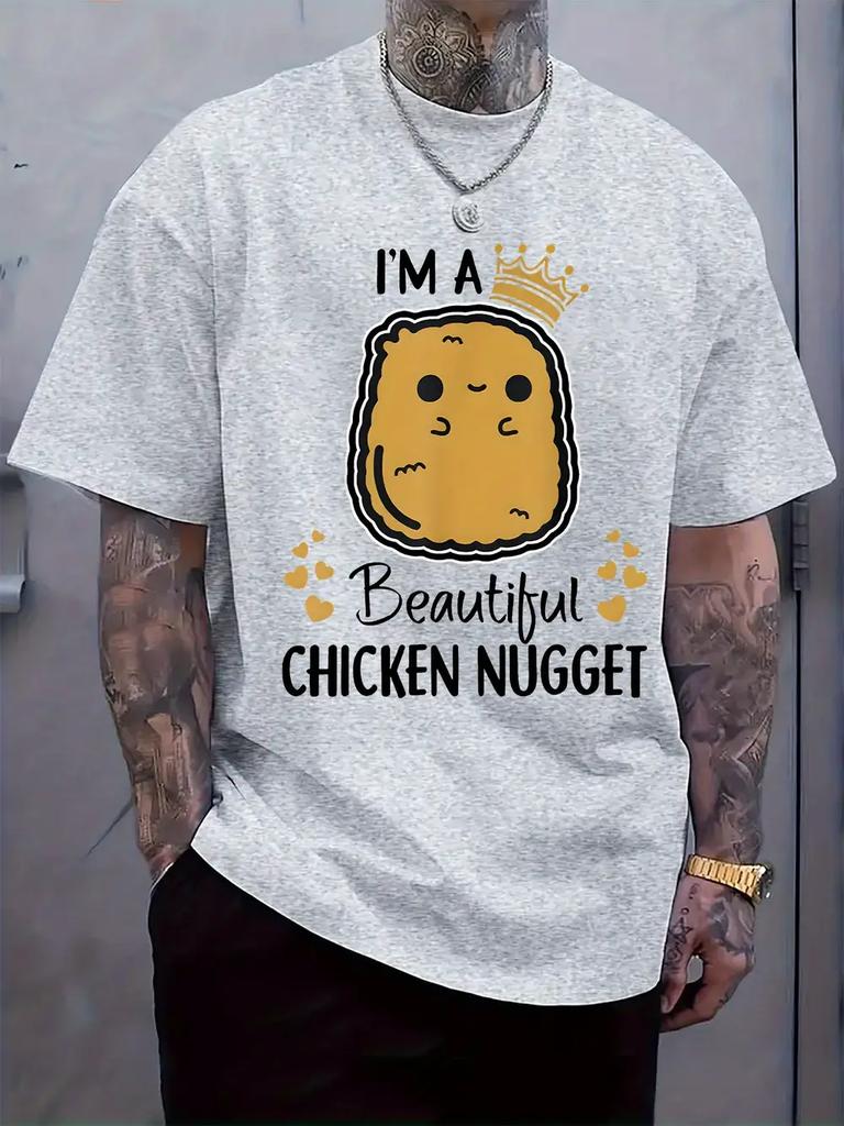Light Gray Casual T-shirt with Cute Chicken Nugget Graphic Print – "I'm a Beautiful Chicken Nugget" Design