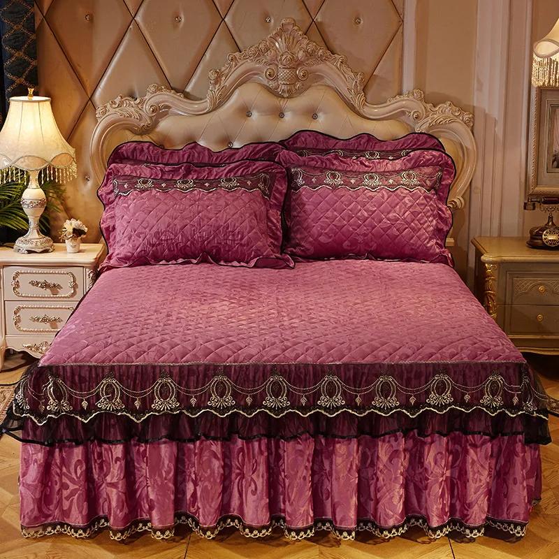 Осенне-зимние бархатные кружевные юбки-кровати из плотного хлопка с зажимом в европейском стиле, покрывало, матрас, противоскользящий защитный чехол, постельные принадлежности