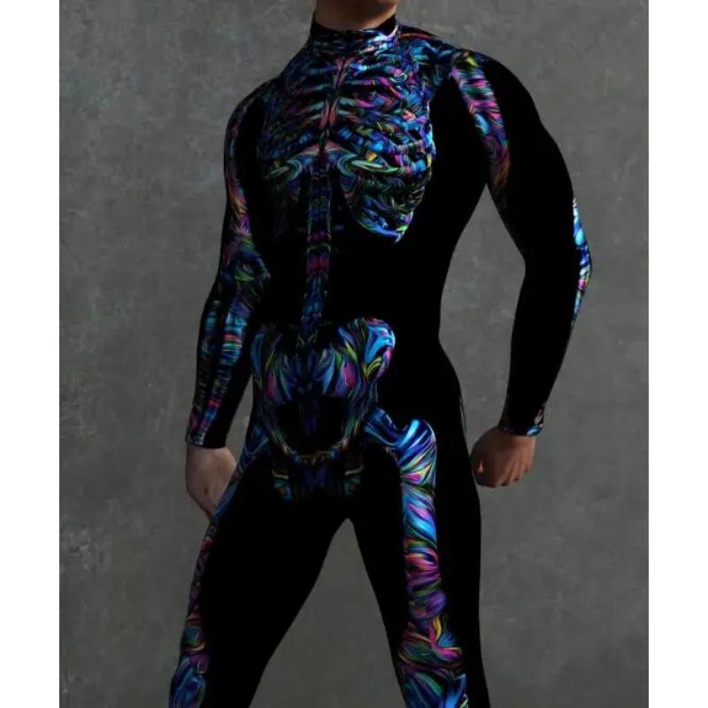Men Women 3D Colorful Skeleton Bodysuit Cyber Punk Jumpsuit Halloween Party Carnival Cosplay Costume Performance Romper Zentai