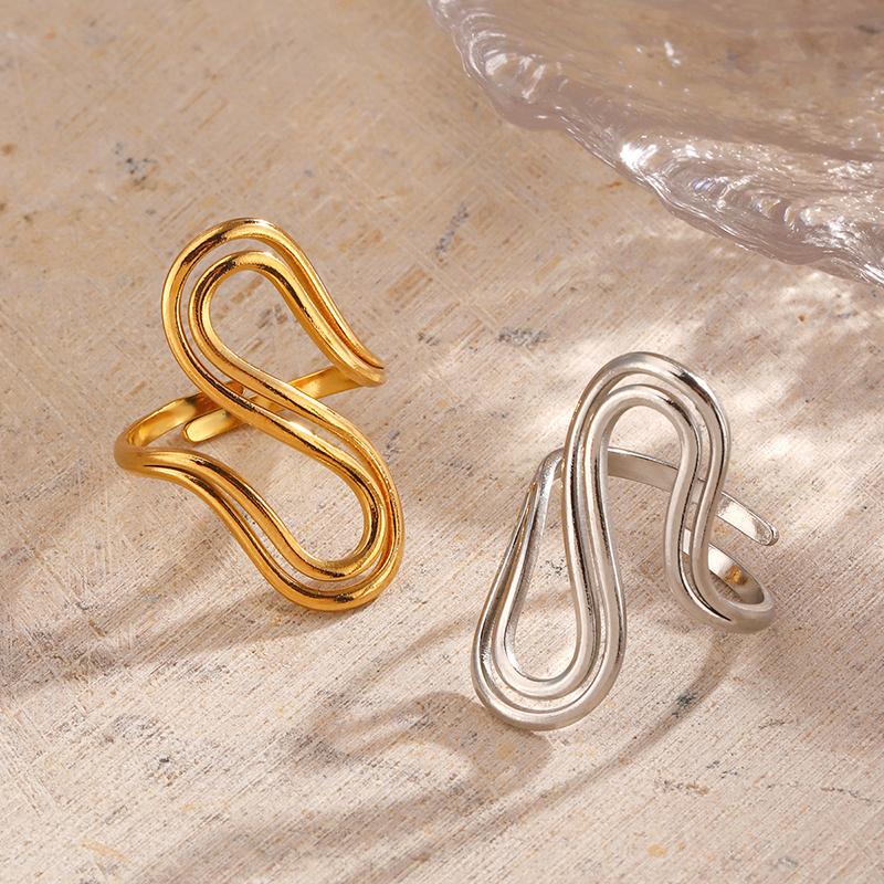 Stainless Steel Line Design Women's Rings 18K Gold Plated Gold S Shape Rings Waterproof Jewelry for Daily Wear