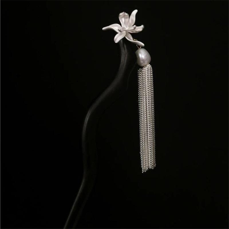 Iris Flower Hairpin New Chinese Style Wooden Hair Stick Silver Tassel Elegant Women Hair Accessories
