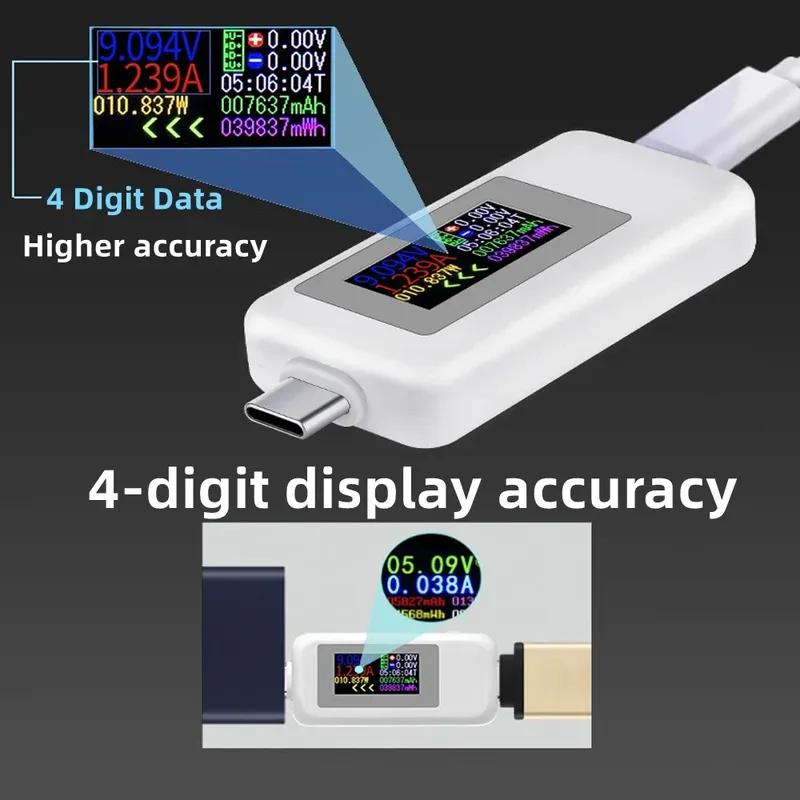 Type-C USB Tester 4-Digit Color Monitor 4-30V Volt Meter Current Power Detector Compatible w/ QC2.0/3.0/PD/Samsung Fast Charging