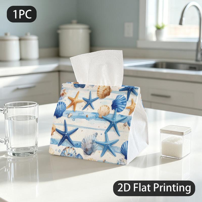 1pc Tissue Box, Watercolor Sea Shells Starfish Coastal Charm Pattern, 2D Flat Printing, Made From Tough Polyester, Take Anywhere, Tissue Container, fo