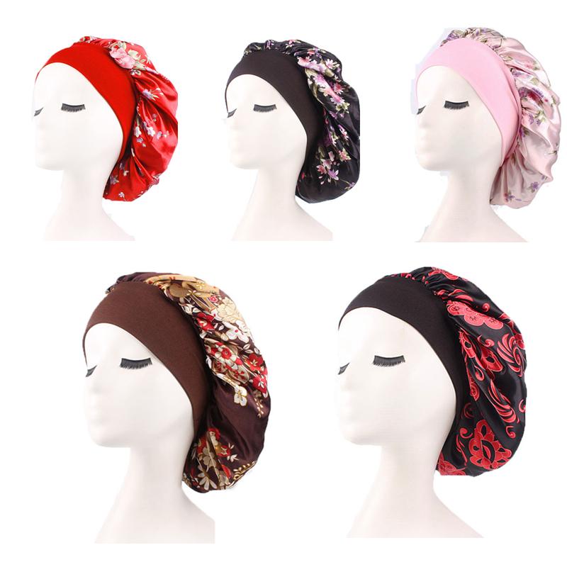 Floral Print Nightcap Women Satin Night Sleep Satin Hair Bonnet Silk Head Cover Wide Elastic Band