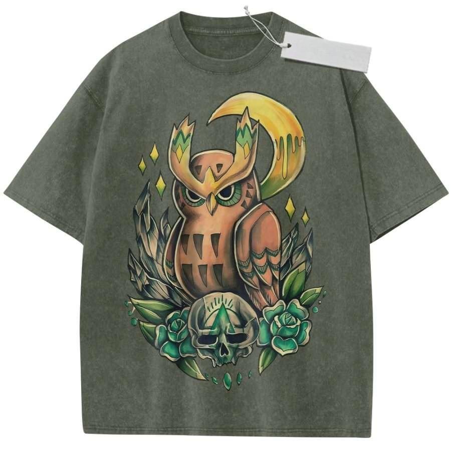 Unisex Washed Beige Vintage T Shirt Original Owl Skull Moon High Quality Fabric for Home Leisure Travel Shopping