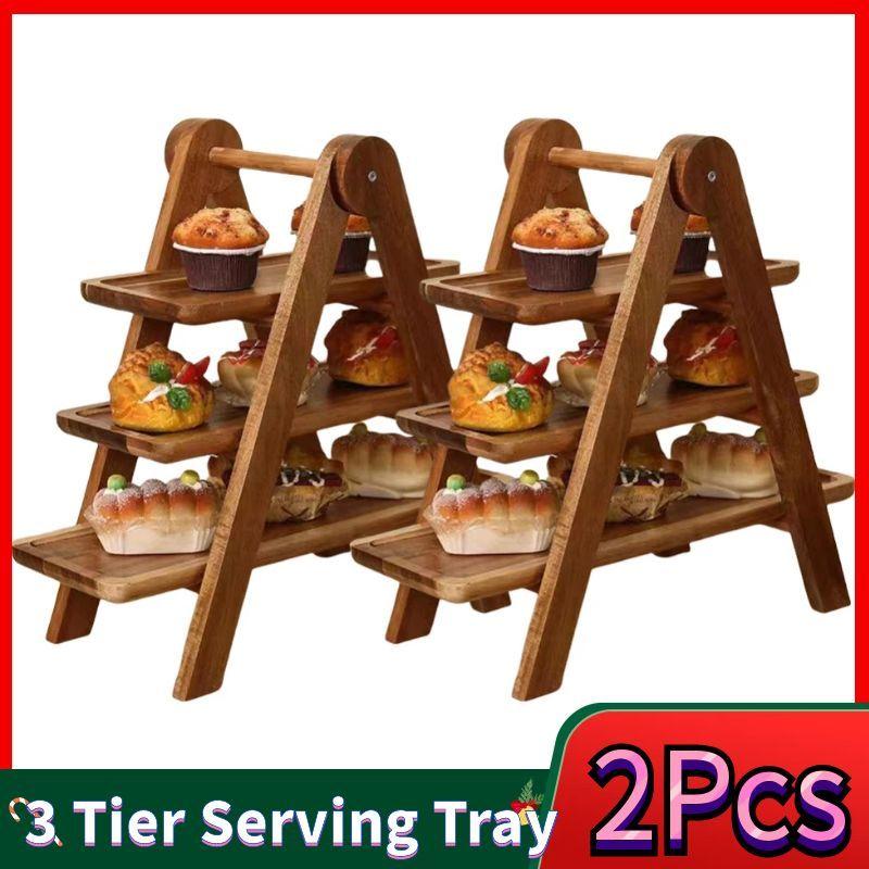 2pcs Three Tiered Cupcake Stand Rectangle Serving Platter Multi-Function Serving Tray  Wooden Tiered Tray Party Serving Brown De