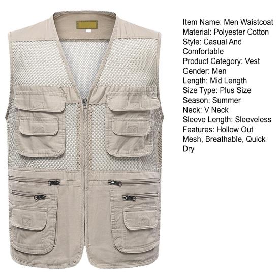Летний жилет Тонкая ажурная сетка Спорт на открытом воздухе Куртка на молнии Жилет без рукавов Повседневная легкая рабочая одежда Жилет для кемпинга и рыбалки