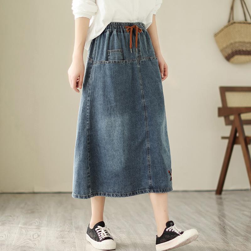 Женская юбка весна-лето, юбка А-силуэта с эластичной талией, джинсовая юбка с вышивкой и высокой талией