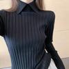 Women Korean Fashion Elegant Polo Collar Ribbed Knitted Sweater Autumn Winter Solid Long Sleeve Slim Pullover Tops Basic Jumper