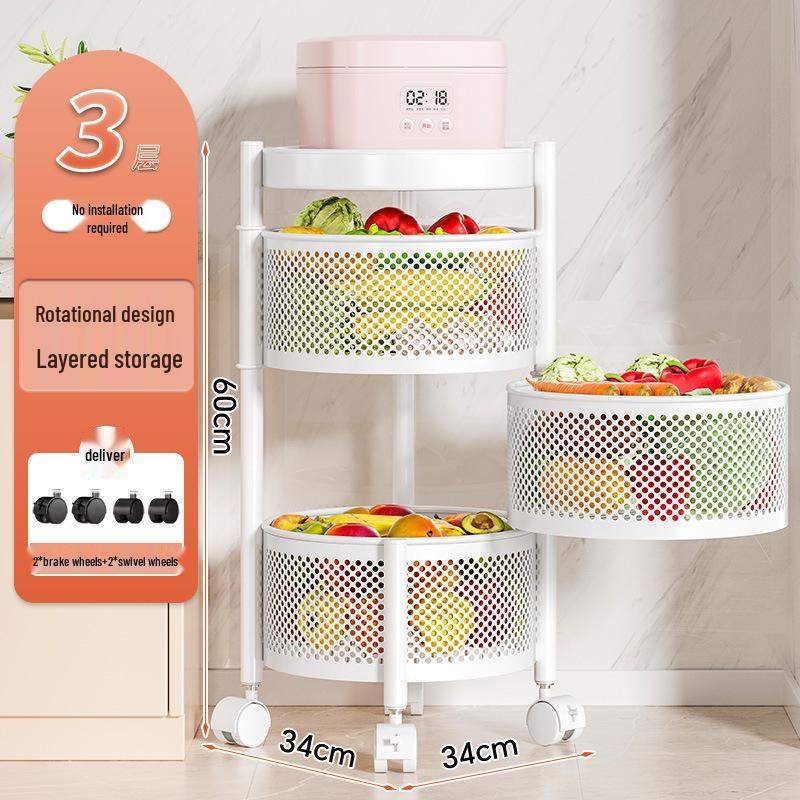 Вращающаяся многофункциональная кухонная тележка на колесах - Напольная многоярусная стойка для хранения закусок, фруктов и овощей