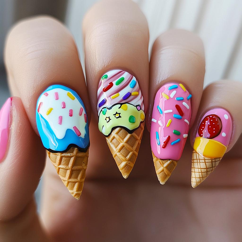 YLW881 Summer Ice Cream Fake Nails 24 Pieces Removable Design for Party and Daily Use