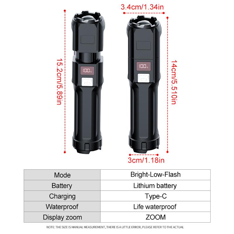 High-power digital display LED flashlight USB rechargeable flashlight Portable zoom Camping light 3 Lighting mode using high-str