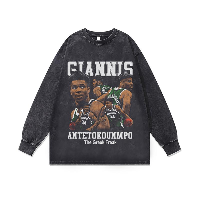 Хип-хоп Рэп Портрет Принт Винтажная Стирка Длинный Рукав Футболка Осень и Зима Свободная Хлопок Круглый Вырез Базовая Футболка Для Мужчин