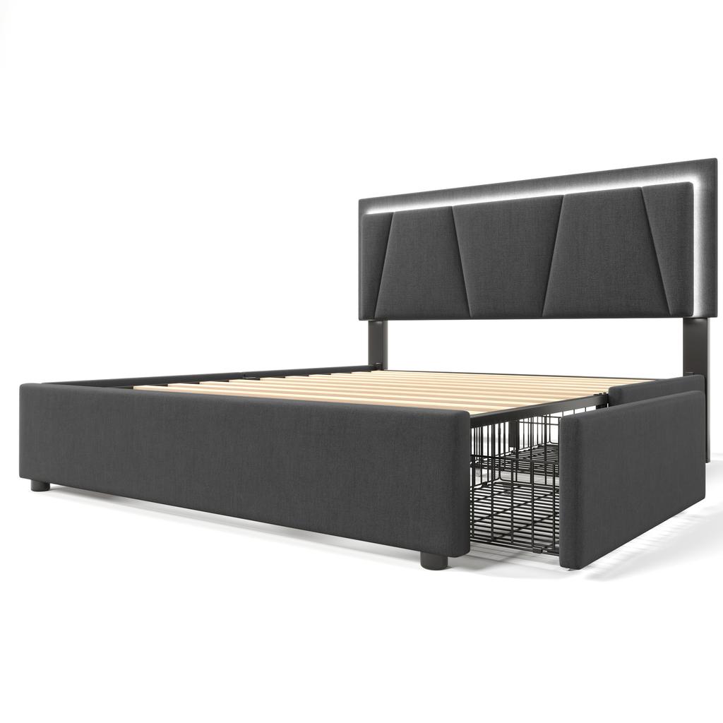 Upholstered Bed with LED Lighting and 4 Drawers, Height-Adjustable Headboard, Double 140x200cm Storage Frame, Slatted Frame, Grey (Without Mattress)