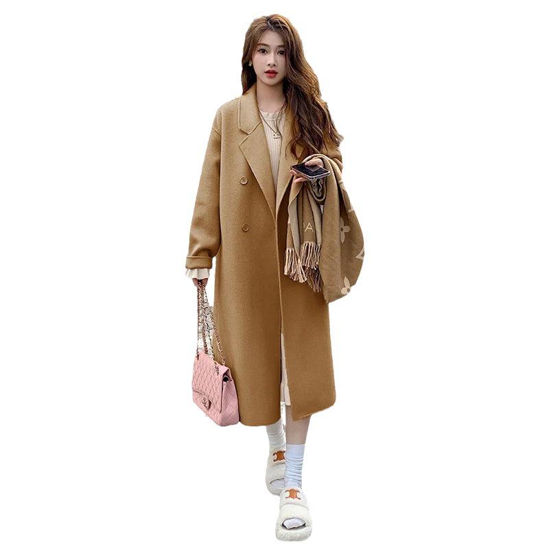 Women's Pink Double-Faced Cashmere Mid-Length Hepburn-Style Coat - 2025 Autumn/Winter Korean Fashion