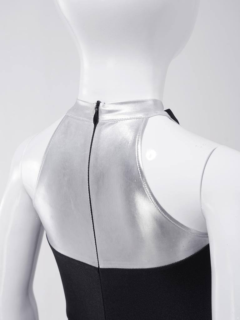 Kids Girls Sparkly Dance Jumpsuit Metallic Patchwork Rhinestone Color Block Design Sleeveless Stage Wear