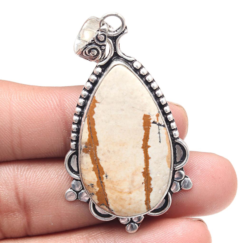 Pendant Picture Jasper Gemstone Valentine'Day Gift Silver Jewelry 2.5"