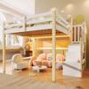 Loft Bed, 140x200cm, With LED Lights, Large Storage Space Under the Bed, Storage Ladder, Open Storage Compartment, Without Mattress, White+Natural