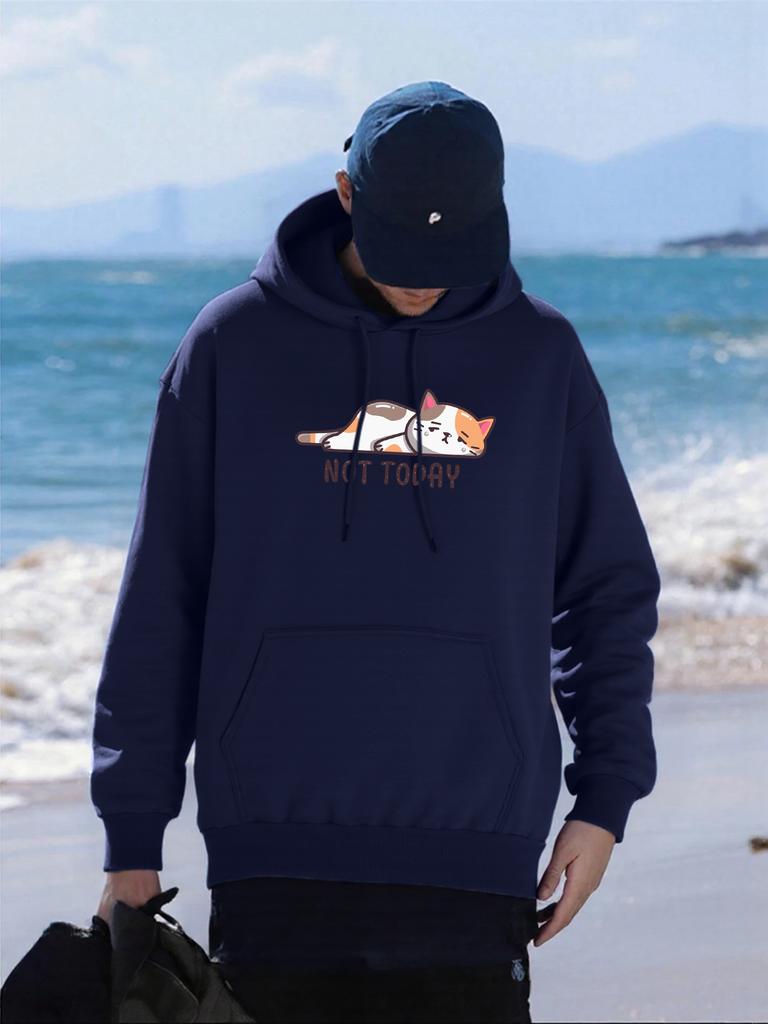 Not Today Lazy Cat Pattern Hoodies Mens All-Match Casual Hoody Pocket Fleece Streetwear Oversized Comfortable Male Pullover
