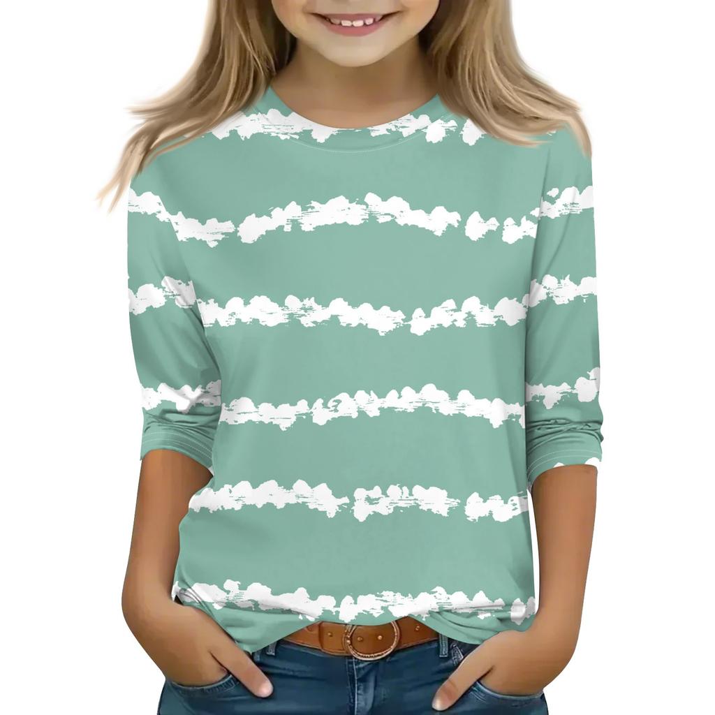 Print Tops For Youth Girls 5-16 Years Round Neck 3/4 Sleeves T-Shirts Trendy Tops Outfit Tees