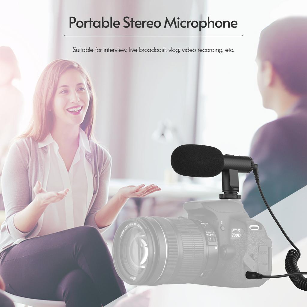Portable Stereo Microphone Video Recording Mic 3.5mm TRS Plug Built-in Rechargeable Battery for