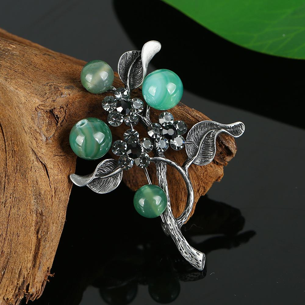 Retro Natural Agate Brooch High-end Classical Temperament Literary and Versatile Plant Pin Coat Cardigan Corsage Accessories