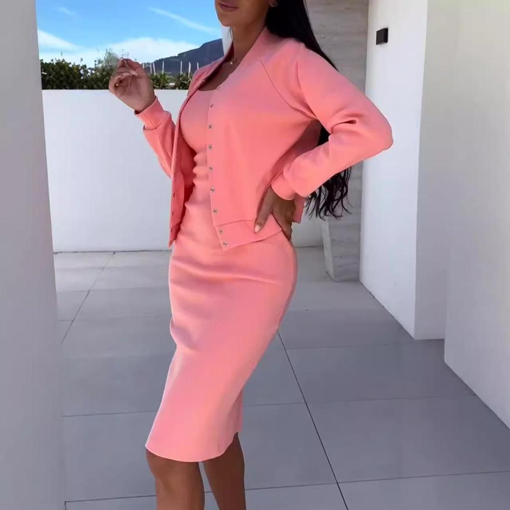 Женский костюм-двойка, облегающее платье с кардиганом с длинным рукавом, набор в нескольких цветах
