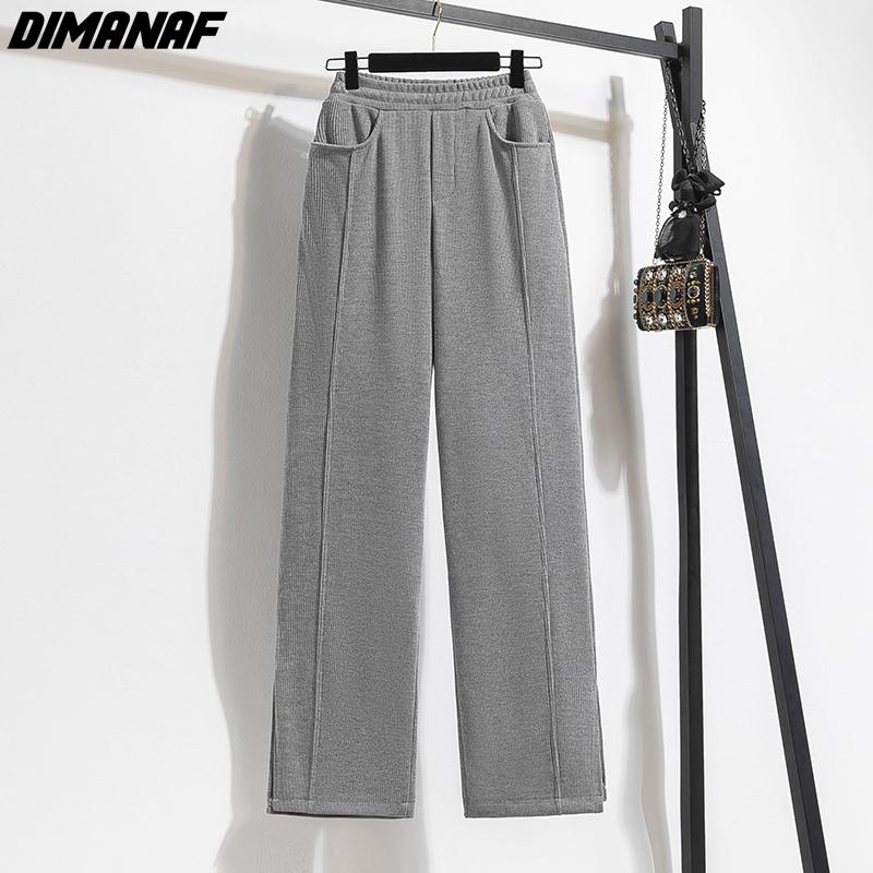 DIMANAF 2023 Женские Зимние Длинные Брюки Большого Размера на Резинке - Толстый Хлопок, Свободный Крой, Полная Длина, Однотонные для Повседневной Носки