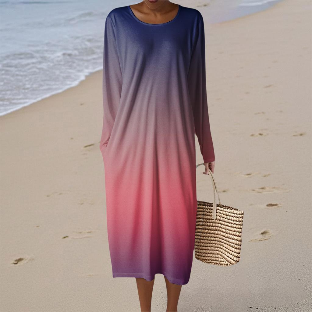 Женское модное повседневное платье с длинным рукавом, градиентное, с круглым вырезом, карманом, элегантного темперамента