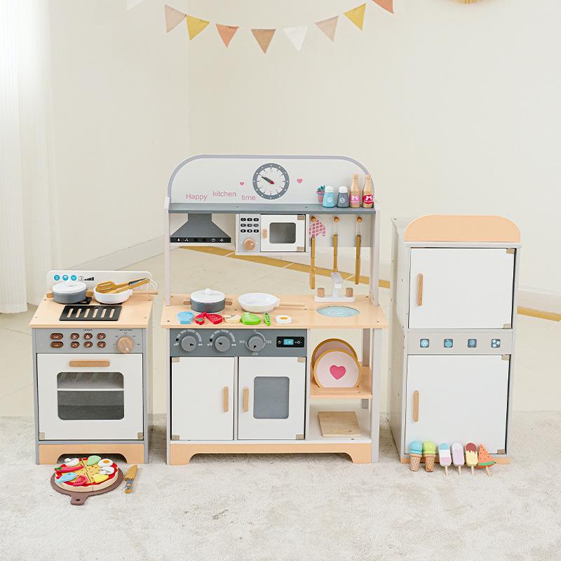 Children's Nordic Style Wooden Play Kitchen Set with Fridge and Oven