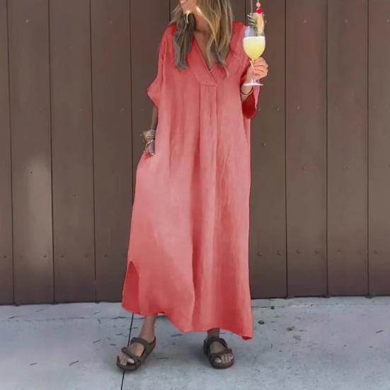 Женское свободное платье макси с V-образным вырезом, с коротким рукавом, длинное платье, летнее повседневное А-силуэта