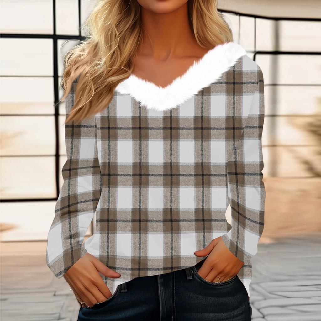 Women's Fashion Long Sleeve Plaid Print Fleece Collar V-Neck Top