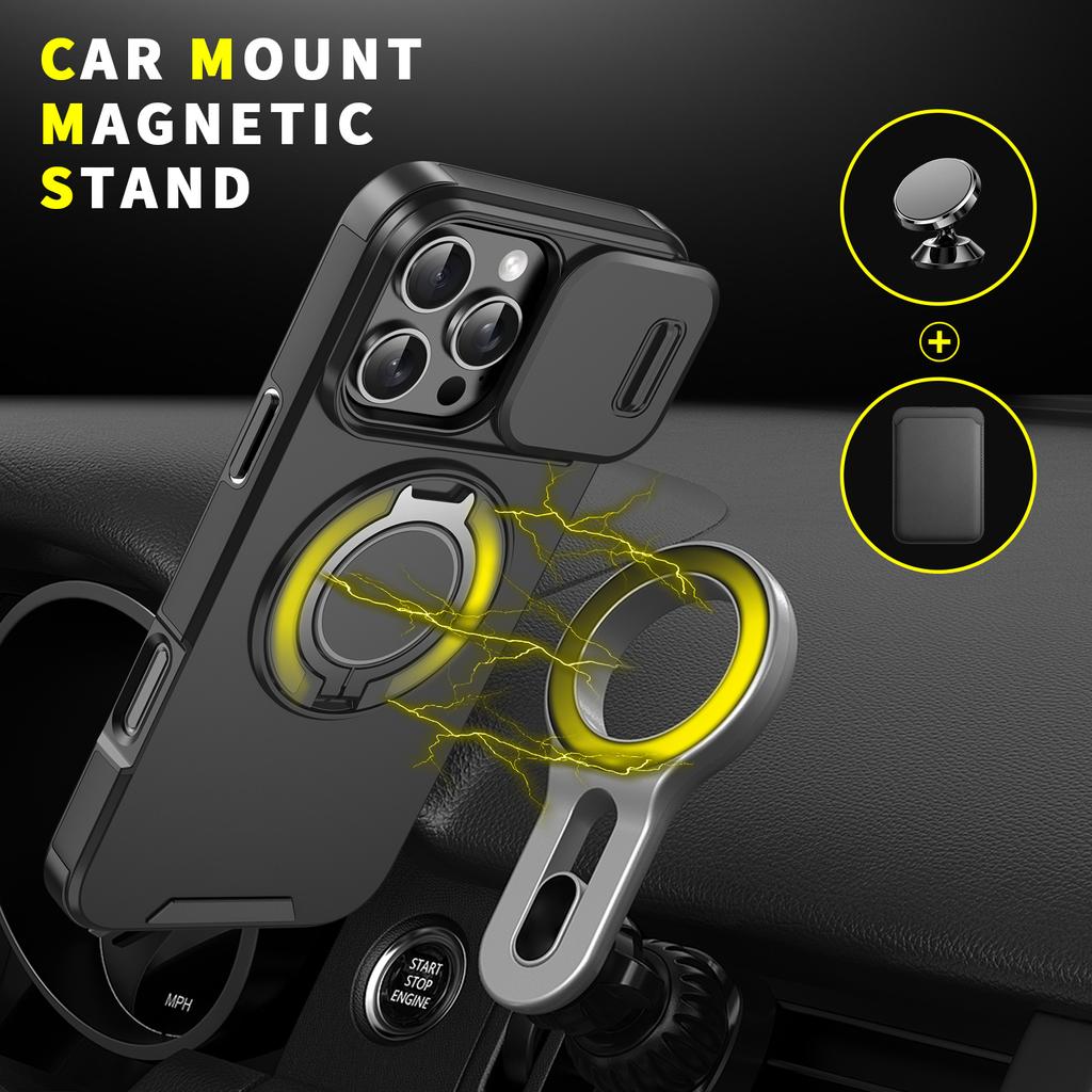 For iPhone 16 Pro Max Magnetic Case Kickstand TPU+PC Phone Case with Camera Lens Slide Cover
