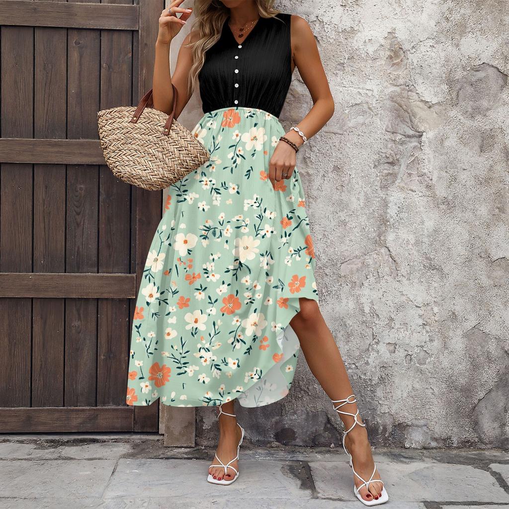 Women Summer Dresses Bohemian Women's Casual And Fashionable V-neck Sleeveless Printing Mid Length Dress