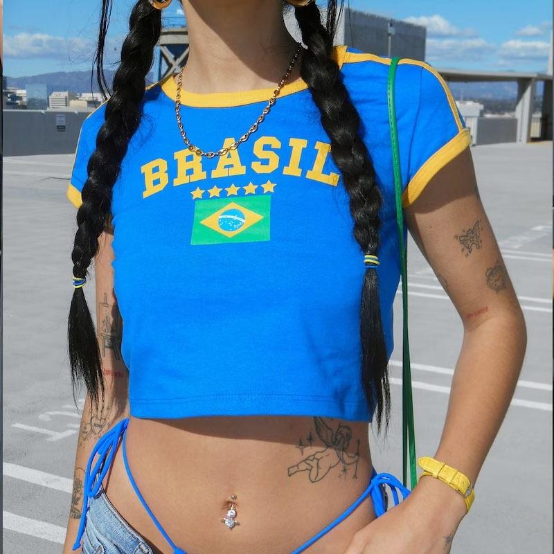 Короткие тонкие буквы Европа и Соединенные Штаты Топы Y2K Женские летние модели Футболка Navel Сексуальная одежда