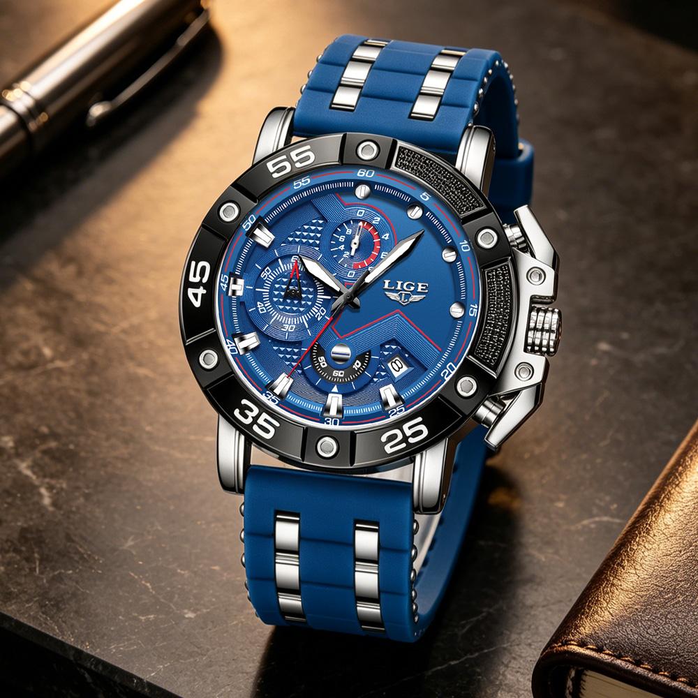 LIGE Big Dial Watch Men Fashion Business Watch Men Military Silicone Sports Waterproof Quartz Chronograph Relogios Masculino+Box