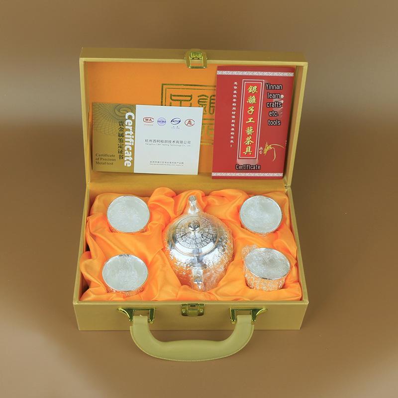 Премиальный чайный сервиз из стерлингового серебра - 6 предметов, чайник ручной работы и чашки для чая кунг-фу, бизнес-подарок
