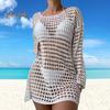 Summer Sexy Bikini Cover Up O-neck Long Sleeve Crochet Beach Dress Solid Color See-through Hollow Swimsuit Cover Up