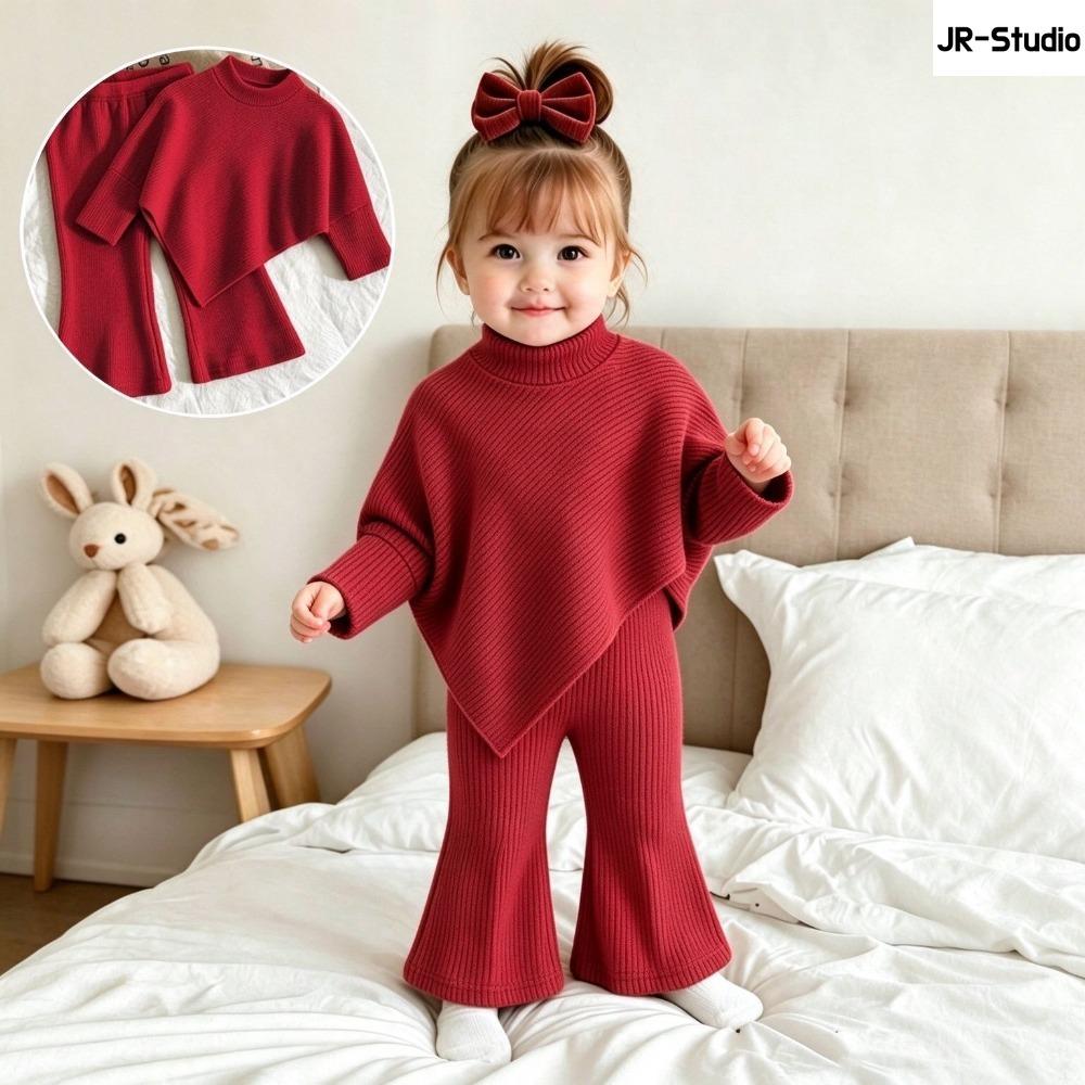 Girls Spring Autumn Winter Casual T-shirt Set Flared Pants Asymmetric High Neck Ribbed Brushed Top and Trousers Outfit
