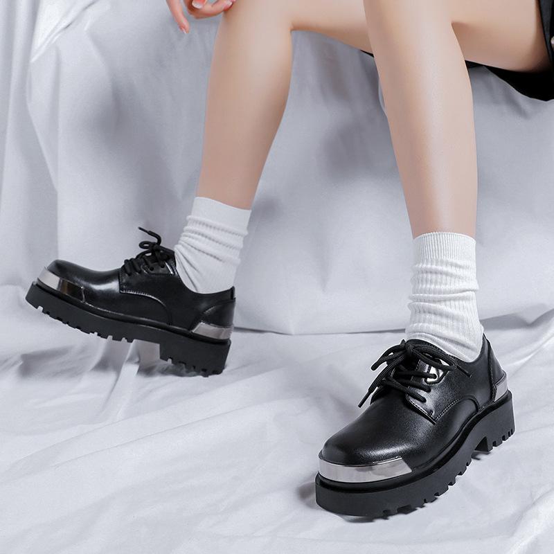 Niche commuter derby shoes British men's and women's round head platform heightening casual leather shoes
