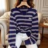 French Color Block Striped Letter Embroidered Round Neck Knitted Cardigan Jacket Loose for Women
