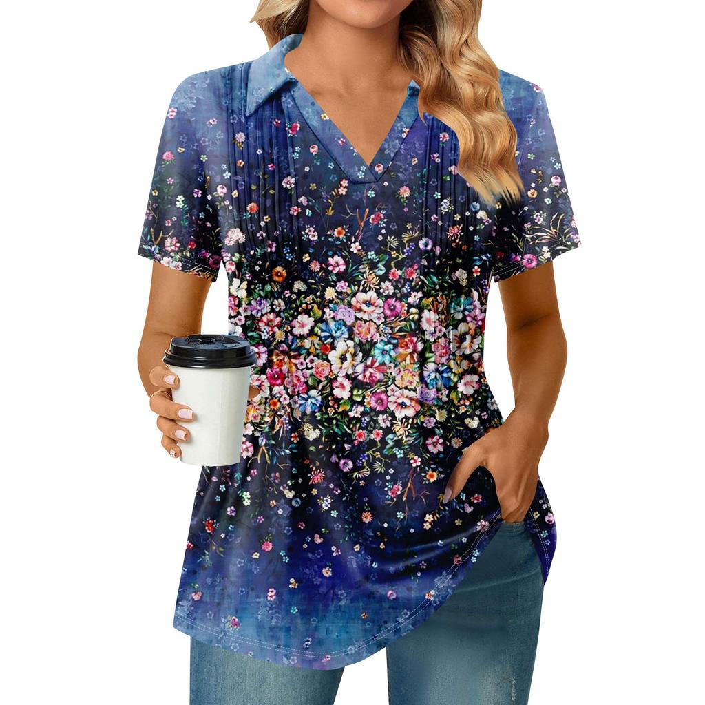 Womens Short Sleeve T Shirts Pleated V Neck Printing Tee Collared Summer Tops Fashion Business Casual Work
