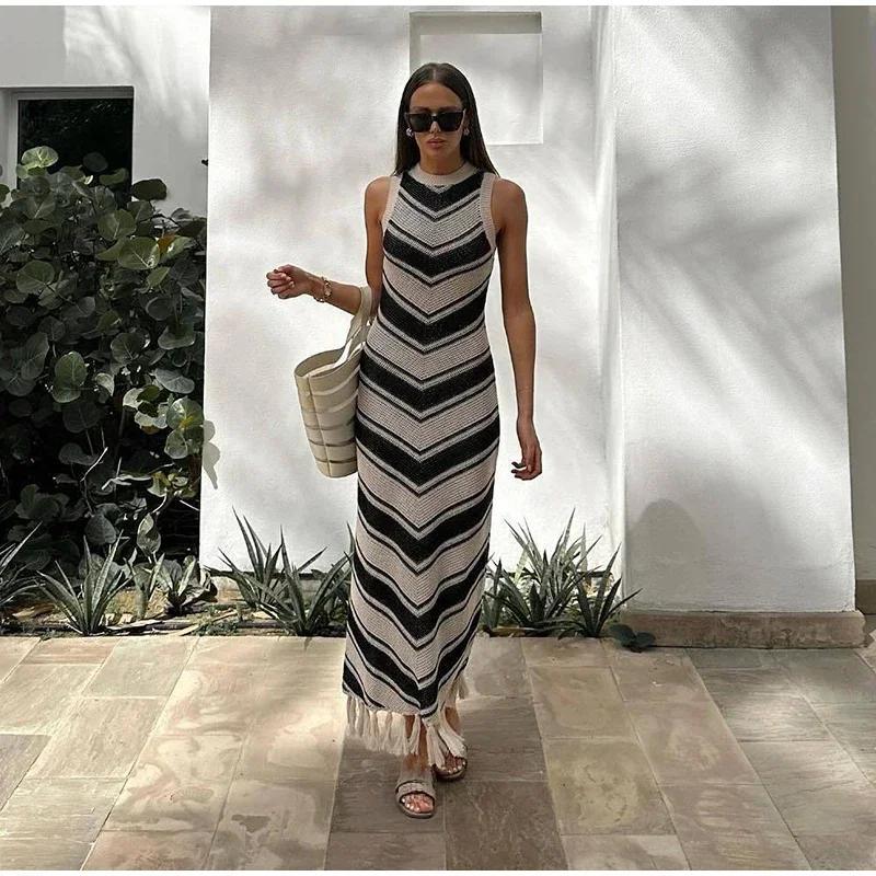 Трикотажное полосатое платье в стиле пэчворк с кисточками, женское облегающее платье с круглым вырезом без рукавов, миди-платья, весна 2024, новые женские уличные халаты