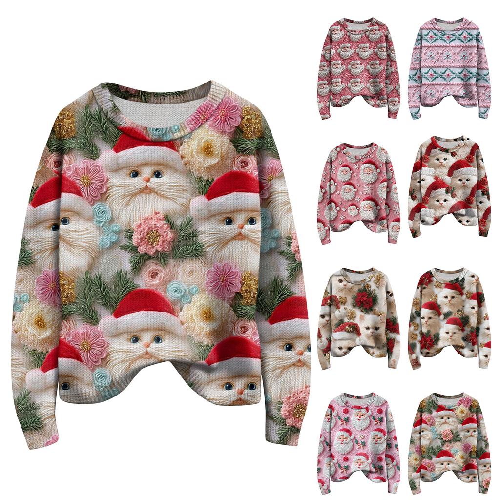 Long Sleeve Pullover Sweaters For Women O Neck Casual Cute Printing Knit Oversized Sweater